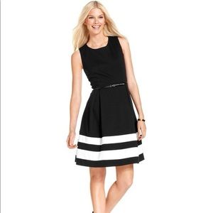 Calvin Klein black/white sleeveless striped hem belted fit & flare dress, size 2